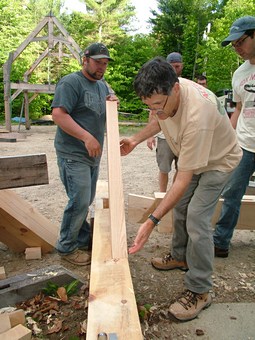 Students assembling the Traditional Timber Frame on the Spring 2017 Fox Maple Tradtional Timber Building Workshop